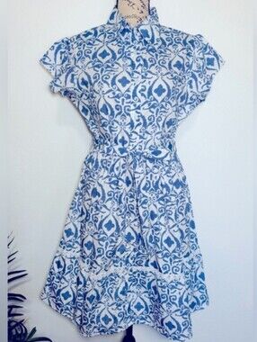 Lapogee Blue & White Printed Mini Dress with Waist Tie
